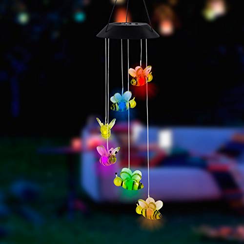 Mortime Led Solar Bee Wind Chime, 25" Mobile Hanging Wind Chime For Home Garden Decoration, Automatic Light Changing Color(Honeybee) #TOP4