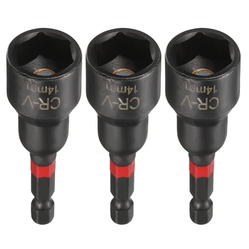 Image of sourcing map 3pcs Nut Driver Drill Bit 14mm Metric Socket 1/4" Hex Shank 3" (65mm) Long Magnetic 6-Point Sockets Quick Change Phosphated CR-V Steel Bolt Setters for Power Drill Drivers, Black