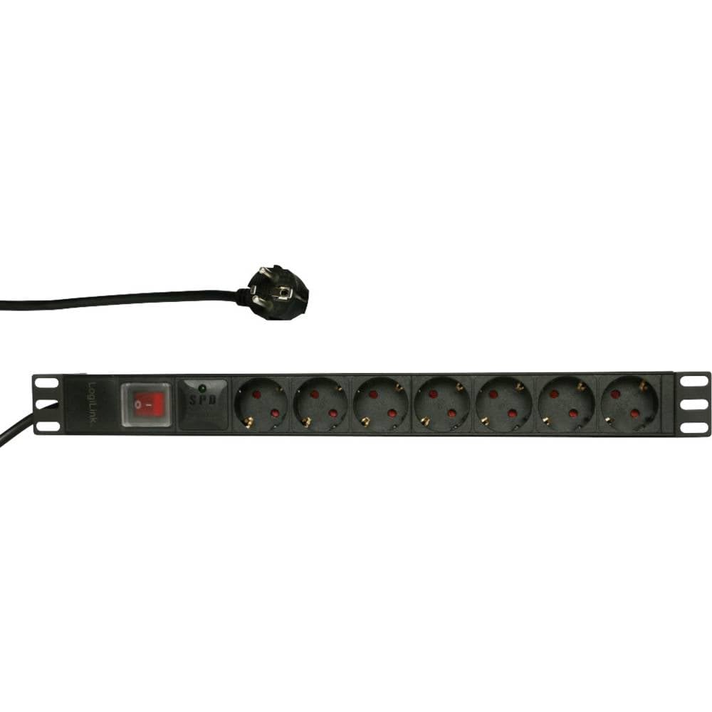 LogiLink Professional PDU7C01 19 - Regleta de 7 enchufes CEE7/3 (protección de Contacto) con protección contra sobretensión e Interruptor de Encendido/Apagado, Color Negro