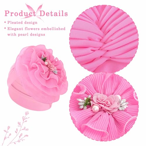 Bohend Flower Turbans Cap Pearl Knot Headwarp Beanie Pre Tied Head Cover Bonnet Women Muslim Stretchy Pleated Headscarf Hat4