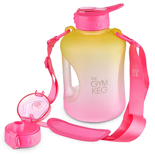 THE GYM KEG Half Gallon Water Bottle (74oz) | Gym Bottle with Straw Lid, Carry Strap Motivational Time Markings | Sport Water Bottles with Times to Drink, Large Reusable Bottle, Leakproof & BPA-free