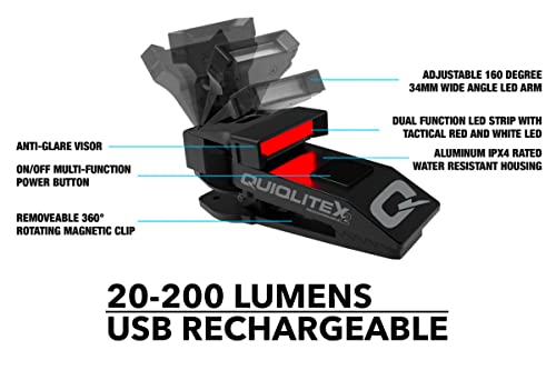 Quiqlitex2 Tactical Red/White Hands-Free Led Pocket Light, 20-200 Lumens, Aluminum Housing (Usb Rechargeable) #TOP1