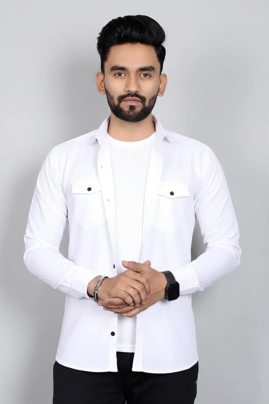 Image of DEELMO Men Solid Slim Fit Casual Overshirt Style Shirt | Full Sleeve Button-Down Layering Shirt Smart Casual Look