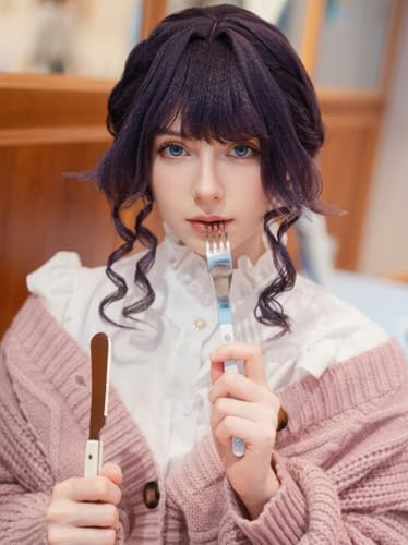 Image of LABEAUTE Kaoruko Waguri Cosplay Wig Dark Purple Elegant Bun Updo Heat Resistant Synthetic Hair Wig with Cap for Women Anime Cosplay Convention Daily Wear