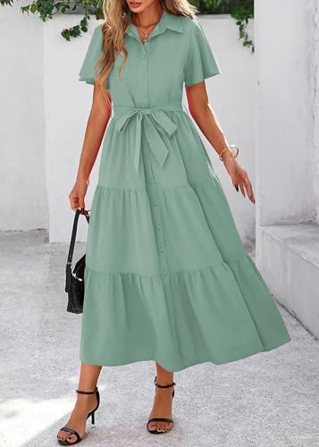 Image of KIRUNDO Summer Button Down Wedding Guest Shirt Dresses for Women Maxi Flutter Short Sleeve Flowy Tiered Beach Sun Dress