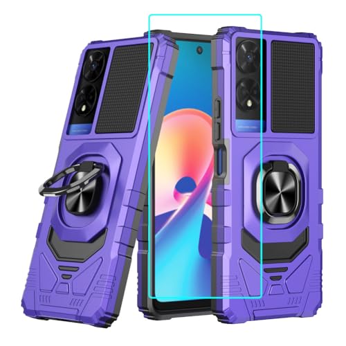 for TCL 50 SE Case with Screen Protector,TCL 40 NxtPaper 4G Case Dual Layer Hybrid Heavy Duty Defender Protection,Sleek Rugged Reinforced Cushion Corner Kickstand Shockproof Bumper Cover Purple