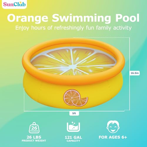 JLeisure Sun Club 3D Orange 5 Foot Round Easy to Set Up Above Ground Inflatable Kiddie Swimming Pool with Built in Drain Plug