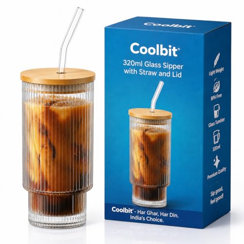 Image of COOLBIT 320ml Glass Sipper with Straw and Lid | Ribbed Glass Tumbler with Bamboo Lid | Reusable Drinking Glass for Coffee, Juice, Smoothie & Cold Drinks