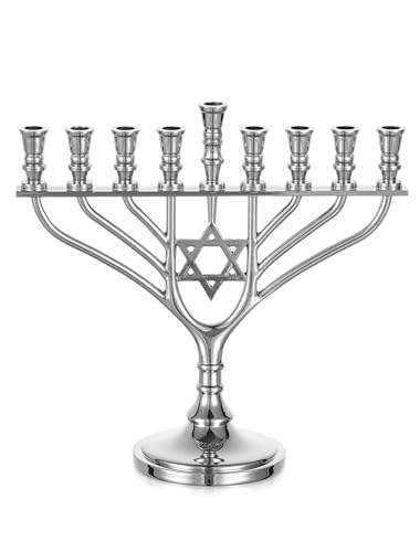 Sziqiqi Janukia Menorah 9 Brazos: Hanukkah Menorah Pequeña con Estrella de David - Candelabro Hanukkah Plateado de Aleación de Zinc 19 cm para Mesa Viaje Ventana