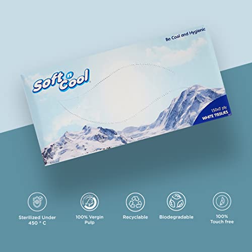 Image of Soft N Cool 2 Ply Facial Tissue Box | Car Tissue | Pack of 5 (150 Pulls Per Box, 750 Sheets) |100% pure, natural virgin paper - Ultra Soft, Absorbent Travel Essential | Made in Dubai (U.A.E)