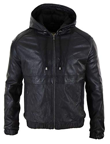Veste en Cuir véritable avec Capuche Style Bomber avec Fermeture éclair Coupe ajustée pour Homme - Noir 3XL