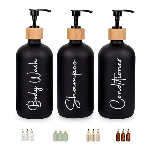 FCINNOVA Dispensador Jabon Baño Negro Mate 500ml Set de 3 Botes para Gel y Champu Acondicionador Embudo para Rellenado Este Dosificador Jabon Baño es Elegante practico y mantendra su Ducha ordenada