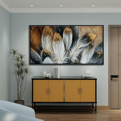 Image of Mofutinpo Framed Wall Art Modern Living Room Bedroom Wall Decoration Large Canvas Painting Artwork for Home Decor Gold Brown Feather Picture Ready to Hang 30x60 Size Black Framed