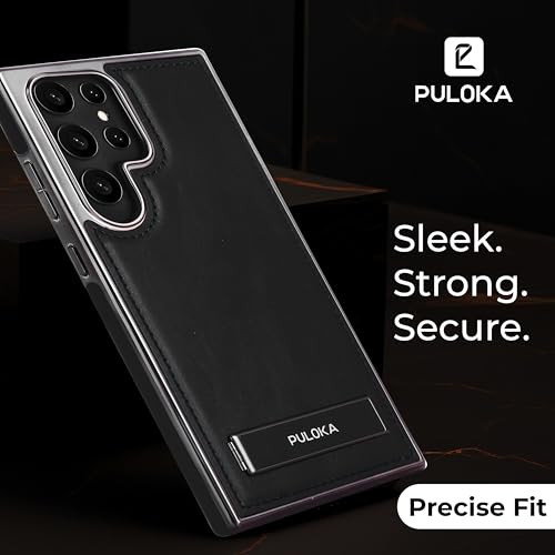 Image of PULOKA Chrome Leather Back Case - Compatible with Samsung Galaxy S25 Ultra - Luxury Bumper Case - Flexible Vegan Leather - Electroplated Sides - Full Camera Protetection & Raised Edges - Black