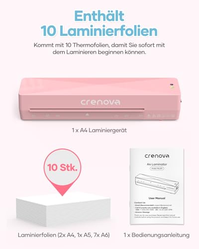 Crenova Laminiergerät A4/A5/A6,Schneller Laminator mit 10 Laminierfolien,Personal für Hausgebrauch,Schule Lehrer,Büro Karte (Rosa)