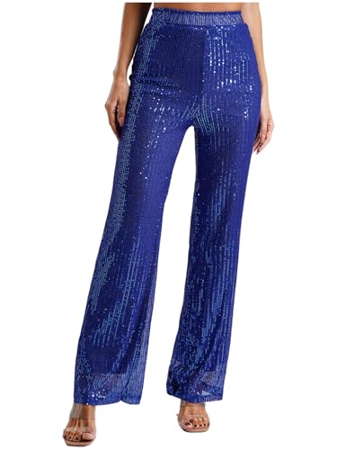 Womens Sparkle Sequin Loose Elastic High Waist Straight Leg Pants Night Out Trousers