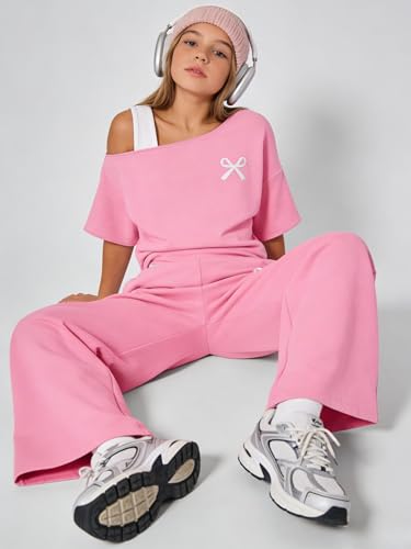 Image of Teen Girls Clothes Off the Shoulder Top and Wide Leg Pants Matching Outfit Set with Pockets Size 7-16