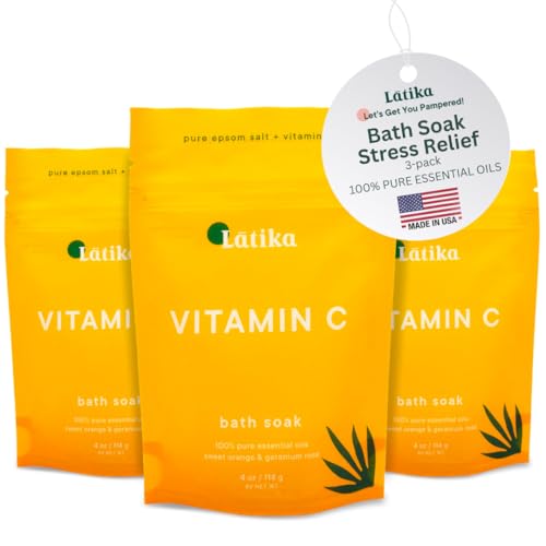 Latika Soaks Set of 3 - Vitamin C Bath Soaks with Sweet Orange and Geranium Rose - Moisturizing Epsom Salt Soaks for Stress Relief, Detox, and Antioxidant Skincare - At Home Spa Retreat