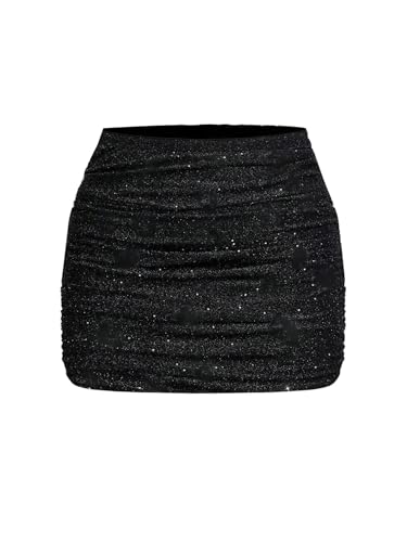 OYOANGLE Women's Plus Size Sparkly Ruched Bodycon Mini Skirt Elastic High Waist Glitter Pencil Skirts