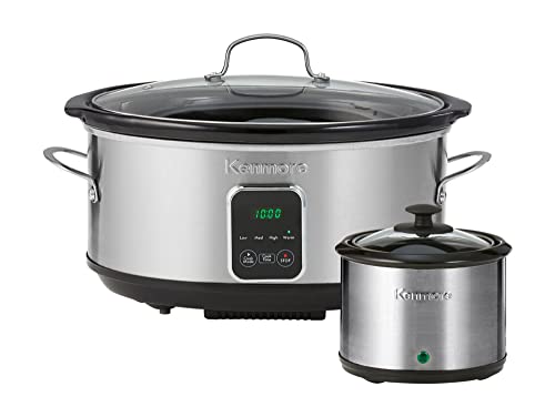 Kenmore Programmable 7 qt (6.6L) Slow Cooker with Dipper Sauce-Warmer, Black and Silver, Stainless Steel, Digital Display, One-Touch Controls, Braise, Simmer, Sous Vide, Stew, Soup, Chili, Curry