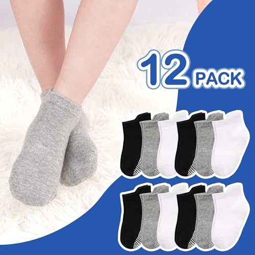 Image of Toddler Socks SkiBeaut 12 Pairs Non Slip Skid Ankle Socks For Kids Boys Grips Cotton Crew Socks For 1-10 Years