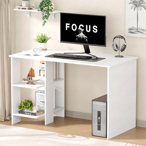 Image of Lukzer Engineered Wood Computer Desk with One Tier Shelves Laptop Study Table for Office Home Workstation Writing Modern Desk (ST-007 / White / 100 x 50 x 77 cm)