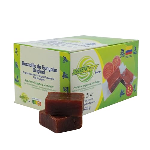 Saborty Bocadillo de Guayaba (Caja 32 uds, 928g) - Barrita Energética a Base de Fruta para Ciclismo y Running - Vegano y Sin Gluten (1 Caja 32 Unidades, Original)