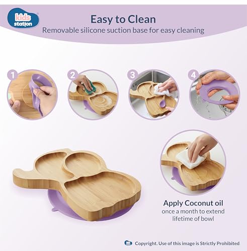 Image of Kids Station Elephant Wooden Feeding Plate with Spoon and Fork for Babies - Purple | Eco-Friendly Self-Feeding Baby Tableware Set (3 pcs)