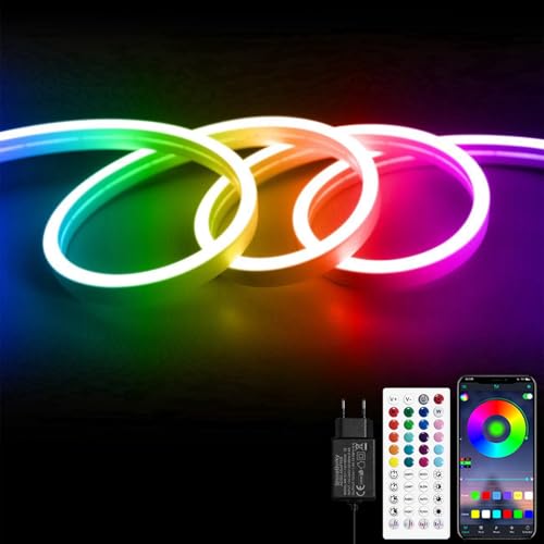 ShineBurky Striscia LED Neon 5M, Striscia Led RGB, Striscia Led 12V Impermeabile, Striscia Led da Esterno con APP e Telecomando, IP65 Impermeabile, per Camera da Letto, Festa, Bar, Sale da Gioco
