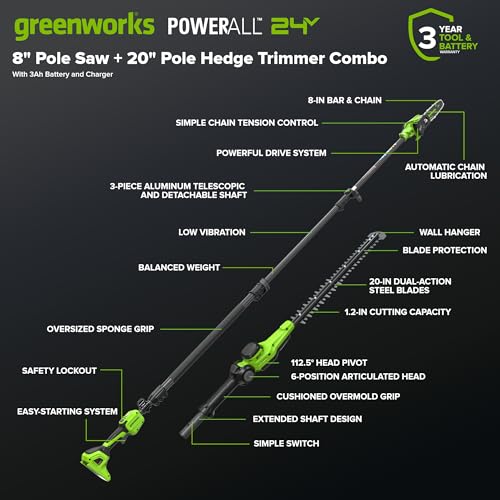 Image of Greenworks 24V 8 in Pole Saw /Pole Hedge Kit, 3.0 Ah Battery and Charger