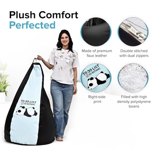 Image of Amazon Brand - Solimo 4XL Premium Faux Leather Bean Bag Combo with Footrest & Cushion, Filled with Beans | Capacity: Upto 6 Ft 5 in Height, 125 KG Weight | to Do List | Black