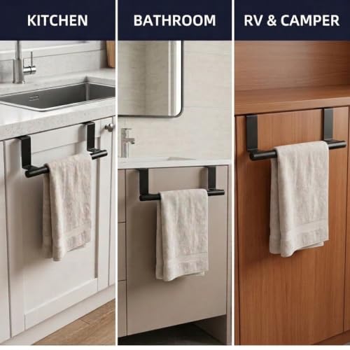 Image of Cabinet Door Towel Bar, Kitchen Towel Holder, Matte Black 2 Pack | Extended Anti-Slip Arm, EVA Scratch Guard Pads, No-Drill Install, Stainless Steel Dish Towel Holder, Kitchen Towel Rack