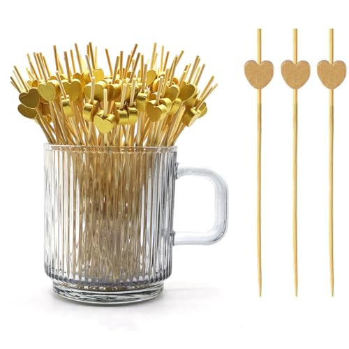120 pcs 5.9 in long Golden heart Bamboo Cocktail Heart Toothpicks for Appetizers Natural Bamboo Food Picks for Valentines Day Propose Marriage Wedding Party.