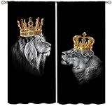 Lion King Queen Curtains for Bedroom,Black Minimalist African Wild Tropical Lion Animal Crown Window Drapes Print for Kids Boys Girls Bedroom Living Room Bathroom Bathroom 42x45in（No Blackout）