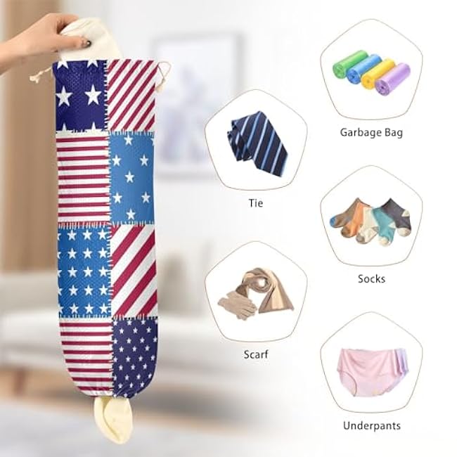 YETTASBIN American Flag Check Plastic Bag Holder, Reusable Grocery Bag Holder Versatile Wall Mount Storage Bag Dispenser with Drawstring for Home Kitchen Decor 1 Pack