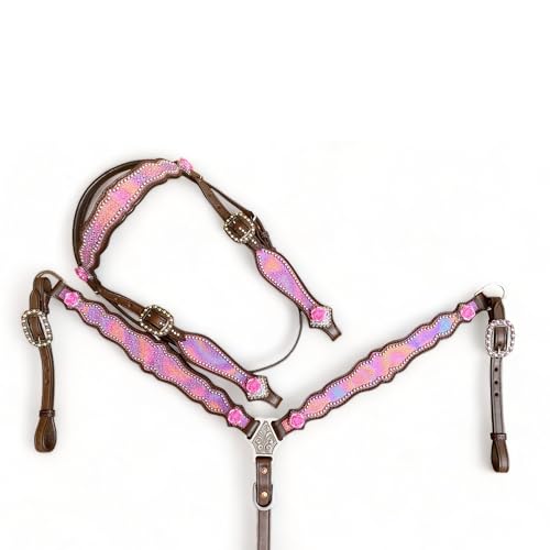 MOUSM Browband Argentina Cow Leather Western Breast Collar and Headstall Set for Horses, Pink Roses Design for Valentine