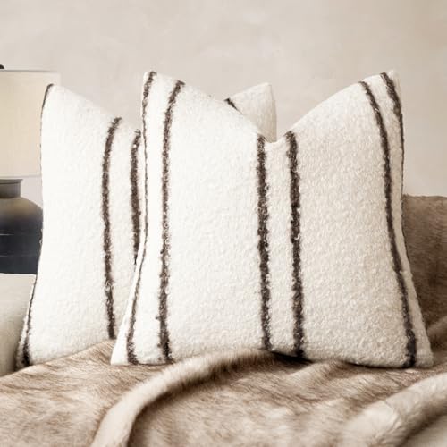 Image of Foindtower Pack of 2 Soft Faux Fur Boucle Throw Decorative Pillow Covers Fuzzy Accent Striped Cushion Sherpa Boho Farmhouse Pillowcase for Couch Sofa Bed Living Room Home Decor 18x18 Inch,Ivory