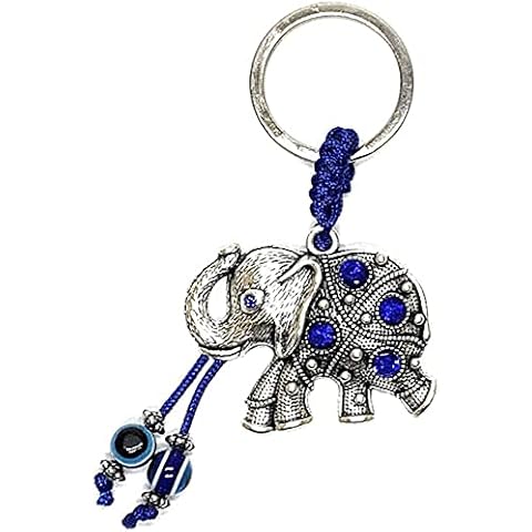 LUCKBOOSTIUM Elephant Keychain w/Blue Crystals and Hanging Evil Eye Tassel Sign of Good Luck and Blessing Home Keys and Office Bag Decorative Car Ornaments for Rear View Mirror Accessories Cover