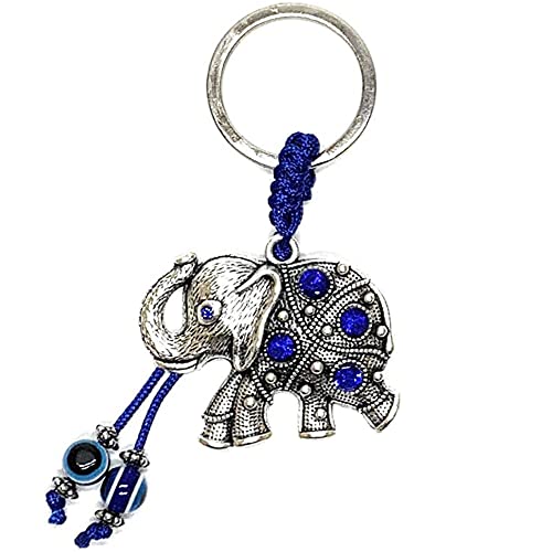 LUCKBOOSTIUM Elephant Keychain w/Blue Crystals and Hanging Evil Eye Tassel Sign of Good Luck and Blessing Home Keys and Office Bag Decorative Car Ornaments for Rear View Mirror Accessories