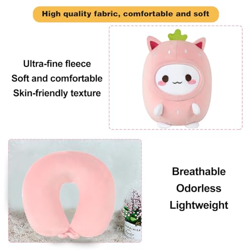 Image of Kids Travel Pillow - 2-in-1 Deformable Kids Neck Pillow for Traveling, Soft U-Shaped Pillow with Adorable Animal Design, Comfy Sleep and Play, Ideal for Airplanes and Traveling (Pink Strawberry)