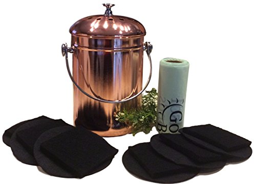 Kitchen Compost Pail Bin for Countertop, Leakproof Food Scrap Container, Stainless Steel with Copper Plating, 1 Gallon, Comes with Bonus 1 Year's Worth of Dual Charcoal Filters and Compost Pail Bags