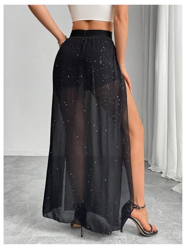 Women's Glitter Sheer Mesh Maxi Skirt Elastic Waist Split Party Long Skirts2