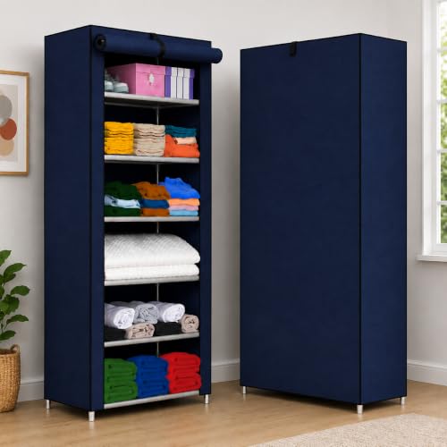 Image of YouCopia Collapsible Wardrobe 6 Shelves Storage Clothes Storage Rack Quick Wardrobe /Cabinet /Multipurpose Storage Rack, Foldable, Collapsible Fabric Organizer for Home Office (Blue, 6-Layer)