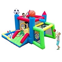 Inflatable Bounce House for Kids Ages 3-6, 7-in-1 Sports Themed Bouncy Castle with Slide, Ball Pit, Hoop & Soccer Goal, Dartboard, Ring Toss, Blower for Indoor Outdoor Play Center