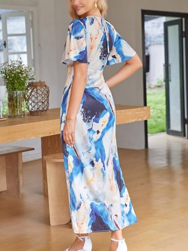 Image of Women's 2025 Satin Dress Elegant Deep V Neck Flutter Sleeve A-Line Gown Cocktail Party Maxi Dresses
