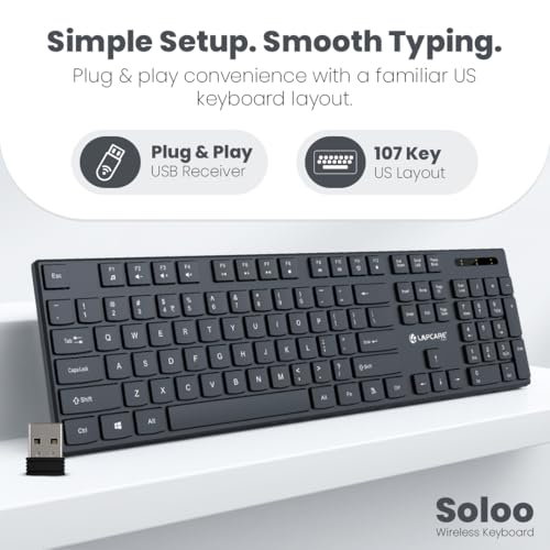 Image of Lapcare Soloo Wireless Keyboard, 2.4GHz USB Nano Receiver, Slim & Compact Design, 107 Keys Full-Size Layout, Silent Typing, Up to 10m Range, Plug & Play, Compatible with Windows PC /Laptop (Black)