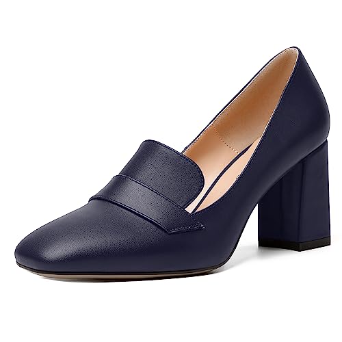Image of MODENCOCO Womens Sexy Formal Matte Slip On Square Toe Work Block High Heel Loafers Shoes 3.5 Inch