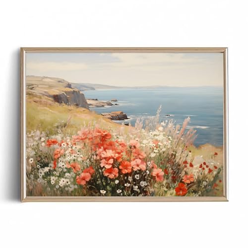 Pinturas vintage de primavera, póster de flores silvestres costeras, pintura de prado de primavera, flores silvestres, arte de pared, pintura vintage de flores silvestres, paisaje natural, arte de