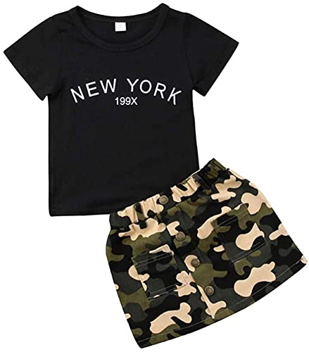 Toddler Baby Girls Camouflage Outfit Black Letter Tops T-Shirt + Skirt Dress Shorts Summer Two Piece Clothes Set (Black,6-12 Months)