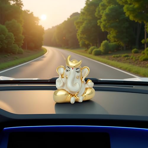 Image of Pearl White Chanda Ganesha Ganesh Ganpati Bappa Idol Statue murti for Car Dashboard, Home Decor, Office & Gifting | Height 2.5 Inch